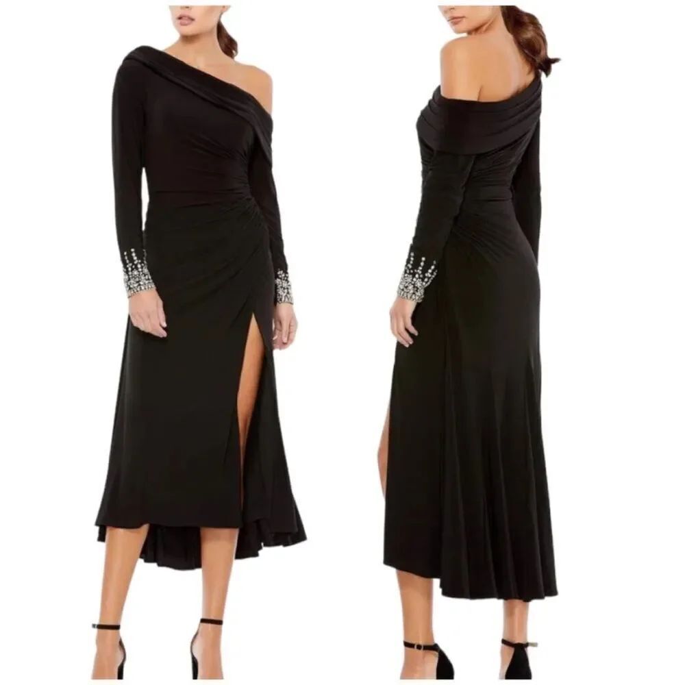 MAC DUGGAL 26485 Long Sleeve Jeweled Midi Dress Front Thigh Slit NWT $358